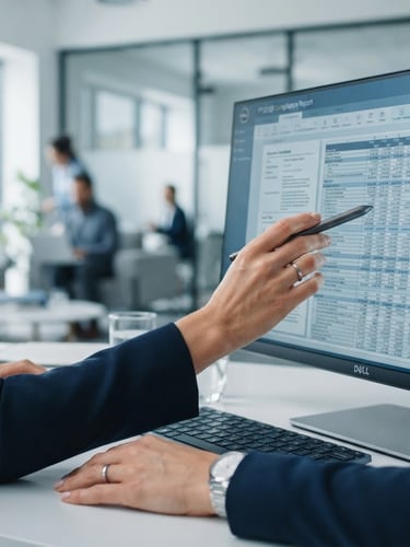 Close-up of professional hands reviewing digital compliance documents and financial spreadsheets under bright, natural office light, cool blue tones, sharp focus