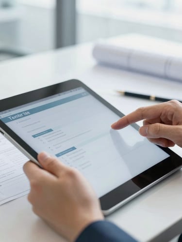 Close-up of hands reviewing tender specifications on a tablet in a bright modern office, blueprints in the soft background, daylight