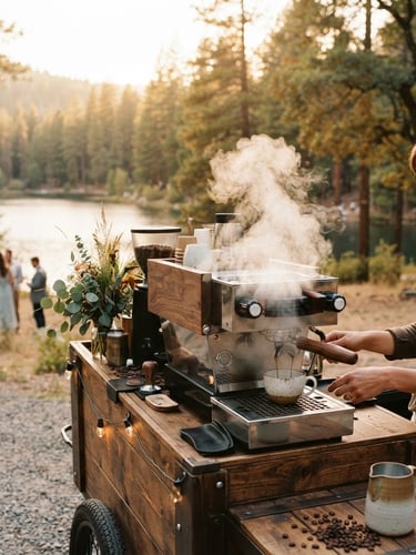 A custom wooden mobile espresso cart set up at a rustic outdoor lakeside wedding during golden hour, steam rising from a freshly pulled shot of espresso, warm pine trees in the background, 35mm photography