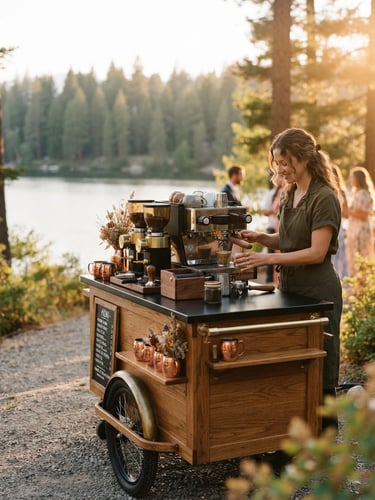 Warm editorial photograph of a custom wooden mobile espresso cart set up at an outdoor lakeside venue during golden hour, soft pine-green trees in the background, shallow depth of field, 35mm