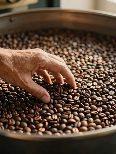 Warm editorial photo of a coffee roaster checking beans in a cooling tray, golden-hour natural light, rich coffee tones, shallow depth of field, 35mm