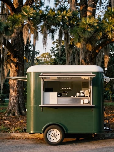 Warm editorial medium shot of a custom-built dark green mobile coffee cart parked next to towering Louisiana pines, warm golden-hour daylight filtering through branches, 35mm photography