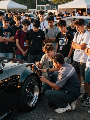Eye-level wide shot of a crowded outdoor car show event floor, a group of young students clustered around a lowered custom vehicle, one teenager pointing at the wheel arch while a technician in a work shirt crouches beside them explaining, golden-hour sunlight raking across the crowd