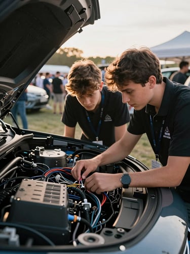 Wide eye-level shot of two students leaning over an open dashboard panel at a car show event floor, a technician pointing at wiring harness bundles, golden-hour outdoor light, crowd and vehicles visible in background
