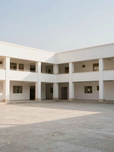 A wide panoramic view of a clean, green Islamic school courtyard in morning light, soft shadows, peaceful atmosphere, modern minimalist architecture