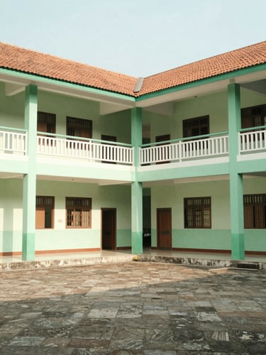Bright editorial photography of a modern Islamic school courtyard in Manggungan, natural morning daylight, clean green and warm white tones, candid, 35mm lens