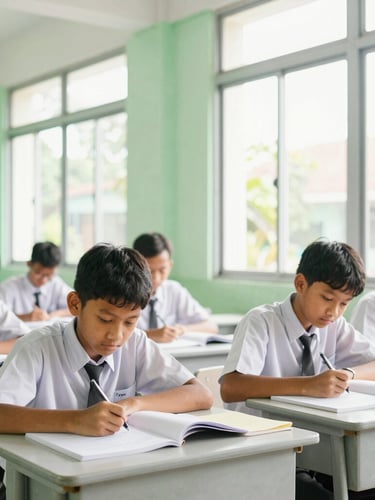 Bright editorial portrait of Indonesian junior high school students studying together in a modern, clean classroom with natural morning light coming from large windows, warm green tones.