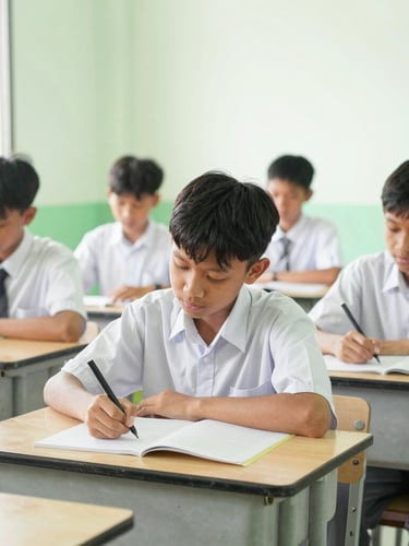 Bright editorial photography of Indonesian junior high students studying together in a modern, sunlit classroom, clean green and warm white tones, candid, 35mm lens
