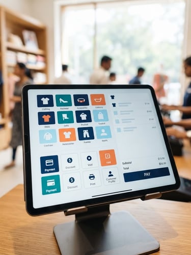 A close-up of a modern tablet displaying a sleek POS billing interface in a bright Indian retail store, soft natural lighting, sharp focus, 35mm lens
