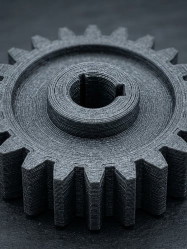 Extreme close-up of a high-precision 3D-printed mechanical gear showing exact layer lines, cool technical studio lighting, dark slate background, 50mm