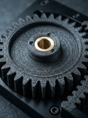 Extreme close-up of a high-precision 3D-printed mechanical gear, showing micro-layer precision, cool technical studio light, dark slate background, 50mm