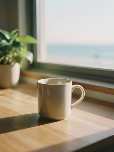 A high-focus workspace with warm natural window light, a ceramic mug, and a soft green plant, 35mm film texture.