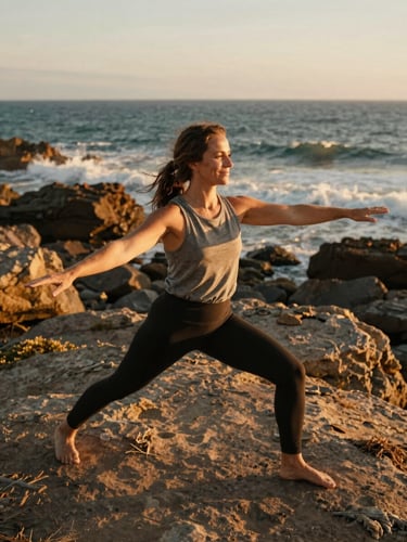 Warm golden-hour side-lighting on a creative professional smiling during an outdoor somatic movement session on a rugged coastline, 35mm film texture