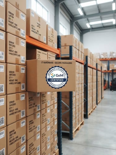 Wide shot of neatly stacked, sealed cardboard boxes of IT hardware in a clean, brightly lit commercial warehouse, focus on a GeM certified badge on one box, neutral lighting.