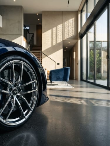 Pristine architectural interior with sharp shadows, a luxury car detail (e.g., polished chrome wheel) in the foreground, crisp morning light, deep contrast, wide-angle lens, muted champagne and navy tones.