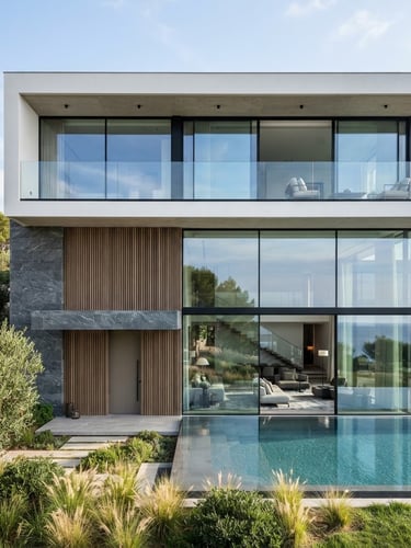 Architectural photography of a minimalist luxury villa facade with large structural glass panels, clean reflections, bright daylight, sharp focus