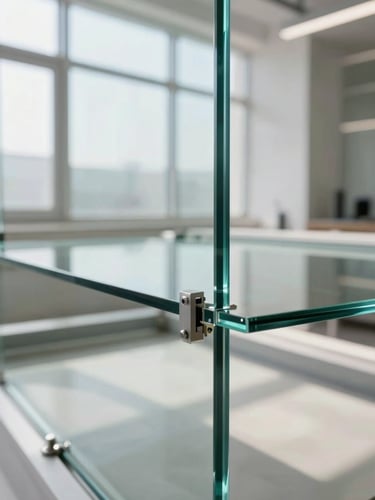 Close-up of a high-precision glass installation tool measuring a heavy laminated glass pane edge, clean modern architectural workshop setting, natural light