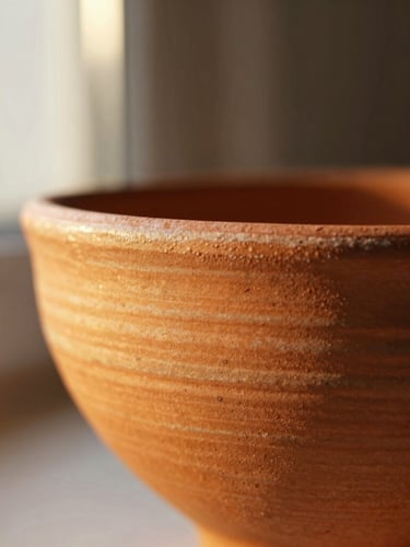 Close-up shot of finger ridges on a warm terracotta ceramic bowl, golden-hour window light highlighting glaze textures, shallow depth of field