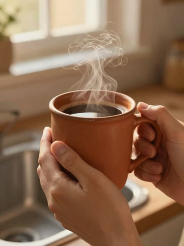 Close-up tactile shot of hands holding a heavy warm terracotta mug filled with steaming coffee, golden-hour window light, cozy kitchen background