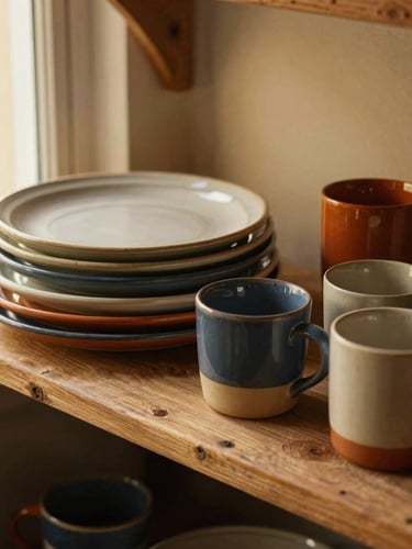Overhead tablescapes of stacked colorful stoneware plates and heavy-bottomed mugs on a rustic wooden shelf, warm golden-hour window light casting soft shadows.