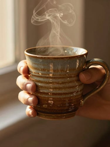 Warm close-up of hands holding a steaming ceramic mug with visible finger ridges, golden-hour window light, rich earthy glazes