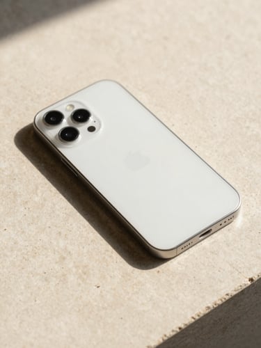 A minimalist phone resting on a flat stone surface, hard direct sunlight with sharp shadows, macro lens, 35mm.