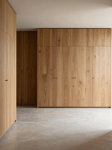 Minimalist interior of a Lisbon apartment, soft natural light illuminating microcement floor and raw oak cabinetry, architectural lines, warm neutral tones.