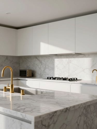 High-end minimalist kitchen renovation in Lisbon, natural light illuminating marble countertops, clean lines, brushed gold fixtures, architectural photography style.