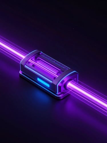 Sleek 3D render of a glowing data pipeline, vibrant purple laser paths cutting through dark space, high-contrast neon lighting, technical precision.