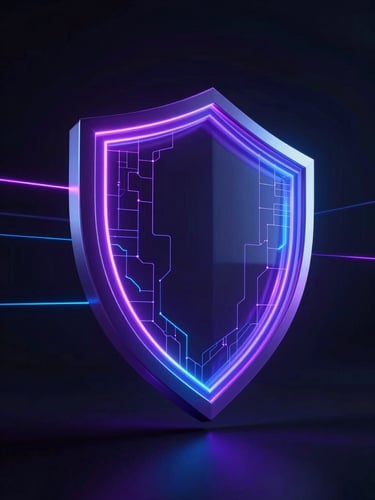 Sleek 3D render of a glowing geometric shield made of light paths, deep dark background with subtle electric blue and purple laser lines, architectural tech precision.