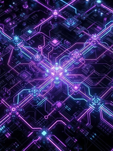 Sleek 3D render of interconnected digital nodes and glowing data paths in vibrant purple and electric blue neon, dark mode aesthetic, macro close-up, high-tech precision.