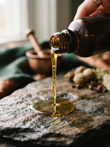 Close-up macro shot of rich golden Ayurvedic oil slowly pouring from a dark amber glass bottle, soft low-contrast morning side-lighting, textured stone background