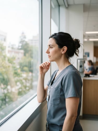 A professional female physician in clean slate scrubs looking thoughtfully out a bright clinic window, soft natural daylight, clinical editorial style, 35mm.
