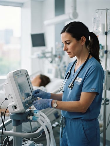 A professional nurse in clean blue scrubs, medium close-up, working with clinical equipment in a bright, modern hospital room, soft natural daylight, shallow depth of field, 35mm