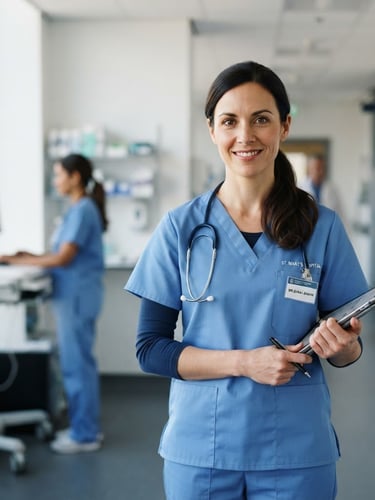 Environmental portrait of a professional doctor in clean blue scrubs, soft natural daylight, clinical setting, 35mm