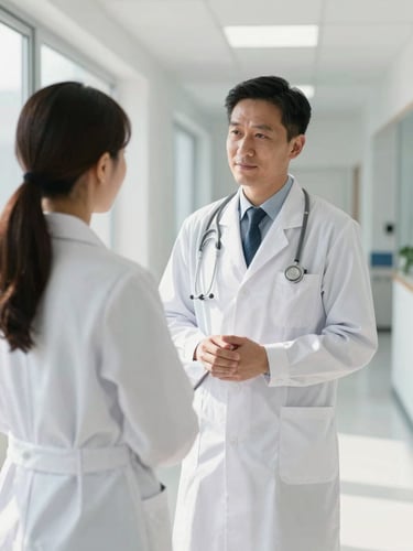 A professional doctor in a clean white coat consulting with a hospital administrator in a bright, modern clinic corridor, soft natural daylight, slate tones, 35mm