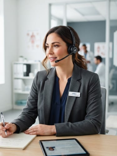 A focused clinical coordinator in professional attire speaking on a headset, bright clinical office, soft natural daylight, clean slate tones, shallow depth of field.