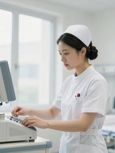 A focused nurse in clean clinical attire adjusting equipment in a modern hospital room, bright daylight, shallow depth of field