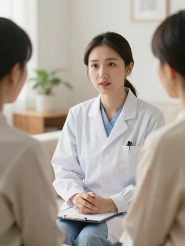A focused registered nurse in professional clinical attire talking with a patient in a warm, sunlit home environment, soft daylight, shallow depth of field, 35mm