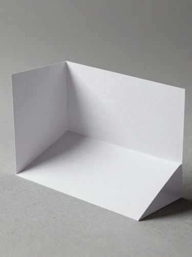 Minimalist studio photography of a physical folded white paper prototype, sharp architectural angles, hard directional side-light creating crisp dramatic shadows on textured paper, neutral monochrome tones, 50mm.