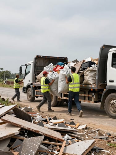 Wide environmental shot, natural daylight — crew members hauling heavy debris bags down a driveway to a loaded flatbed truck, construction rubble and broken drywall visible in the foreground, workers in motion wearing hi-vis vests, overcast sky