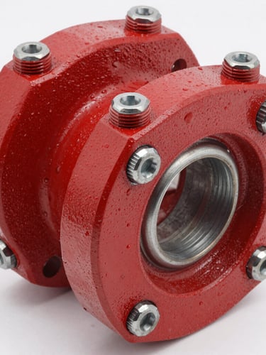 Macro close-up of a heavy-duty red painted steel foam chamber flange, highlighting precision welds and industrial bolts, sharp industrial product photography, crisp studio lighting, 50mm