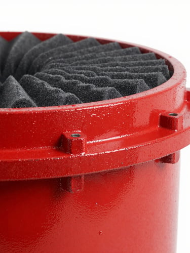 Sharp industrial product photography of a heavy-duty red steel foam chamber, welded flange close-up, high-contrast metallic textures, clean studio lighting, 50mm