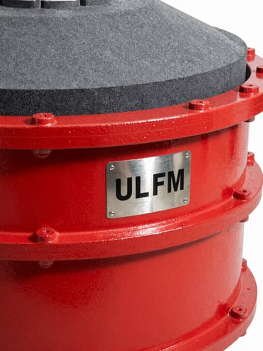 A heavy-duty red painted steel foam chamber with prominent welded flanges and a shiny metal UL/FM certification stamp plate, sharp industrial product photography, high-contrast metallic textures, 50mm