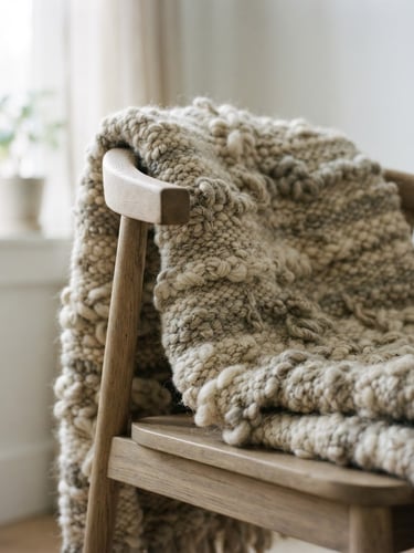 Macro shot of heavy undyed wool blanket with rich loom-woven texture draped over a minimalist oak chair, soft morning window light, shallow depth of field