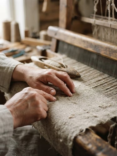 Macro close-up of hands touching raw linen on a traditional shuttle loom, soft morning window light, shallow depth of field, 35mm