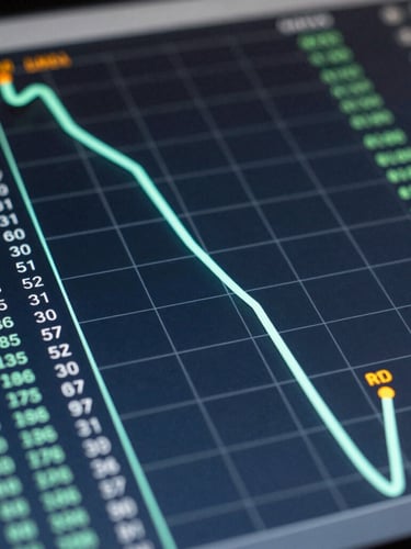 Extreme close-up of a digital financial terminal interface showing a real-time runway projection graph with neon mint grid lines and monospaced calculation outputs on a deep slate background.