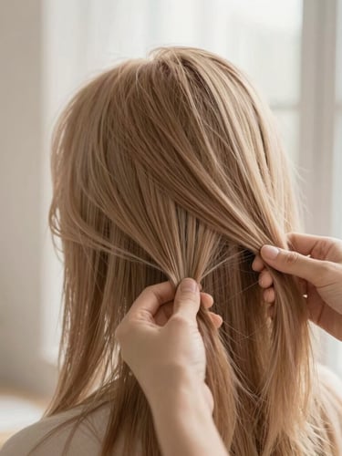Hands gently styling soft warm-toned hair under soft window light, shallow depth of field, warm editorial photography style