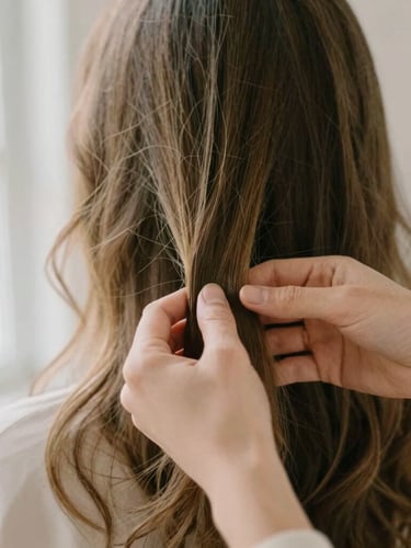 Close-up of a stylist's hands gently working with long, healthy wavy hair, soft natural window lighting, warm editorial aesthetic, shallow depth of field, 35mm