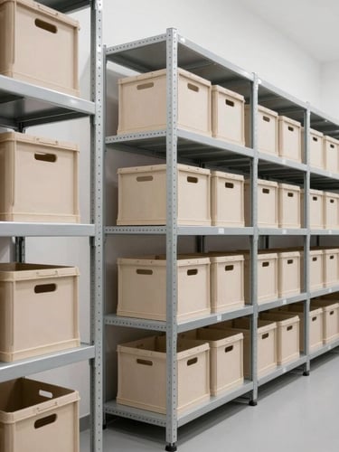 Interior of a climate-controlled art storage facility, clean, modern, with specialized racking for crates, neutral archival tones, sharp focus, 35mm lens, portrait aspect